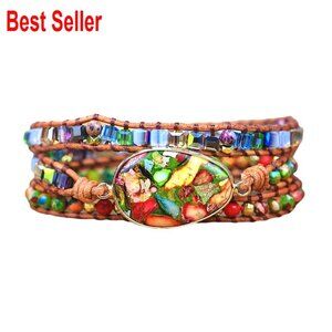 Natural Jasper Crystal Stone Beads Wrap Bracelet Genuine Leather Alloy